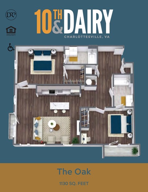 Floor plan for 2 beds, 2 baths, 1130 sqft